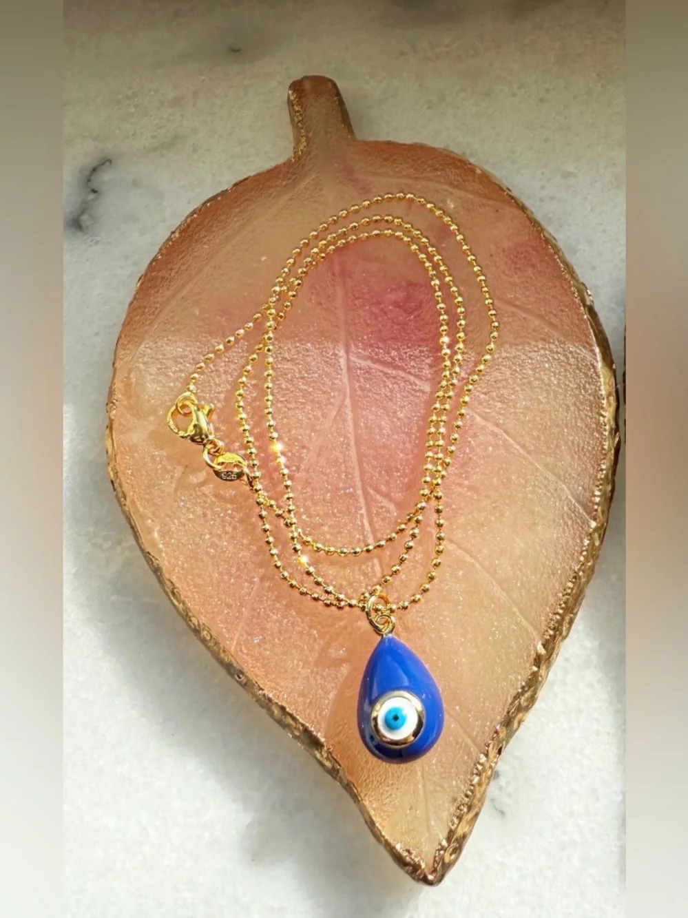 Beautiful Royal Blue Evil Eye Necklace 16 inches .925 sterling silver gold plate